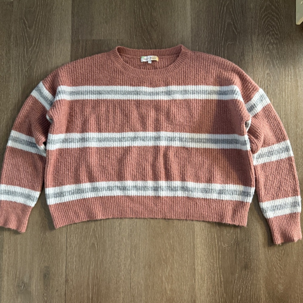 Hazel Moon Striped Sweater Women XL Pink White Grey Ribbed Knit Pullover